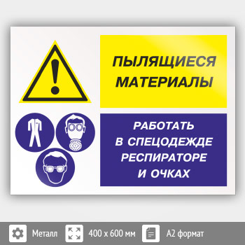 Знак «Пылящиеся материалы - работать в спецодежде, респираторе и очках», КЗ-79 (металл, 600х400 мм)